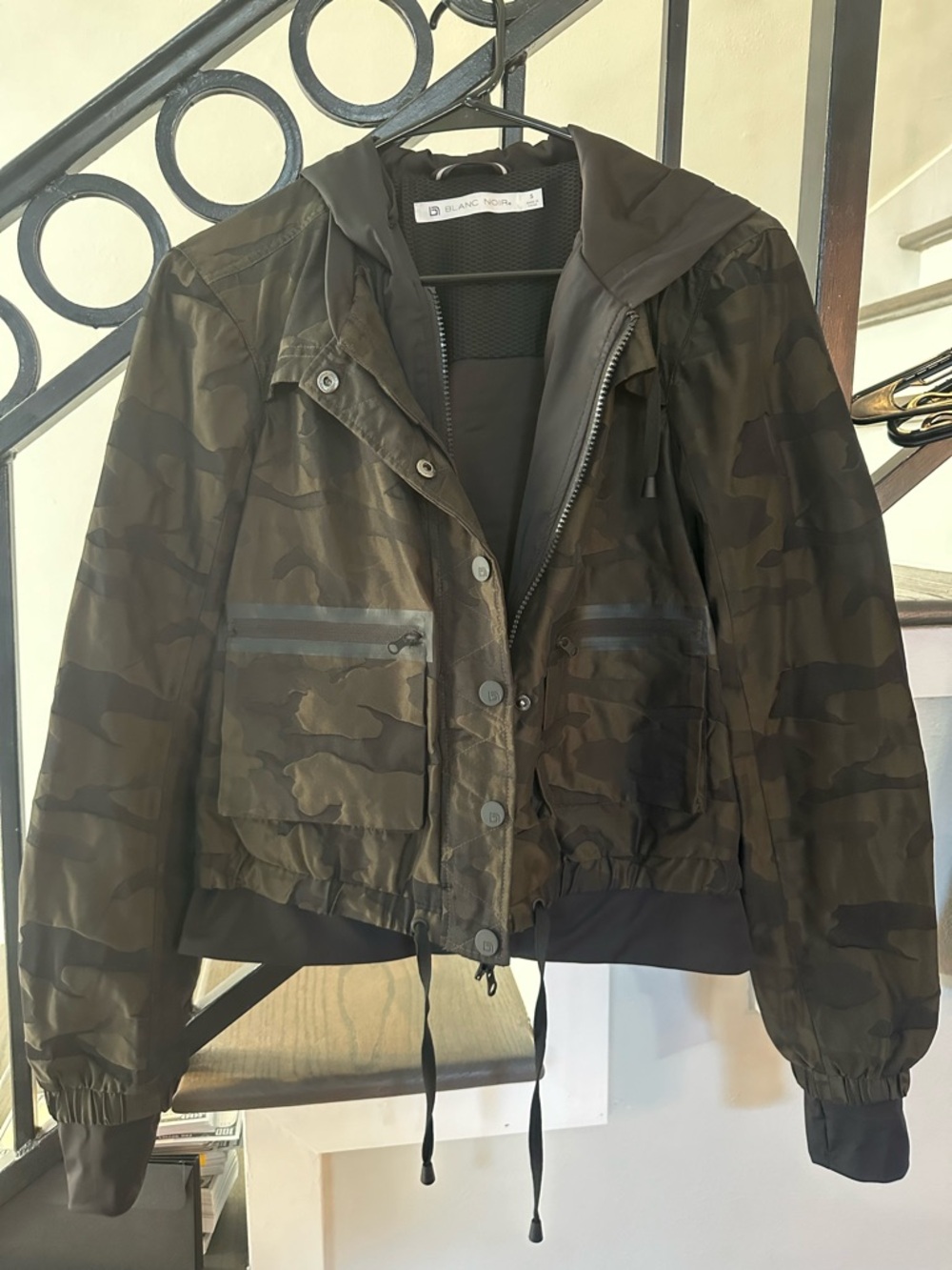 BLANC NOIR Olive & Black Camo Hooded Bomber Jacket